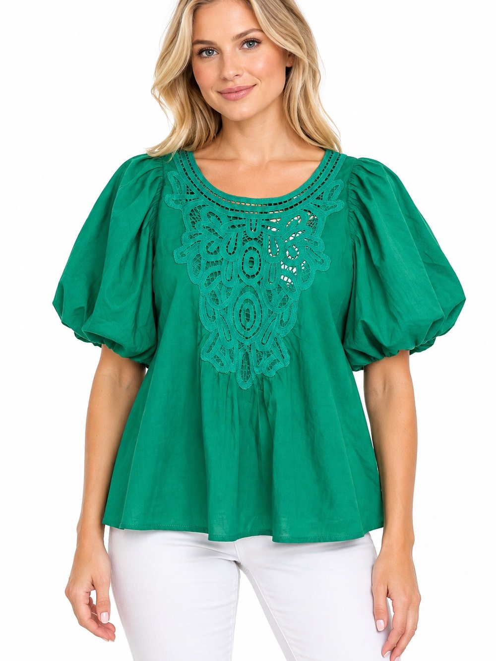 Umgee NWT Size Small Green Puff Sleeve Crochet Yoke Women’s Top